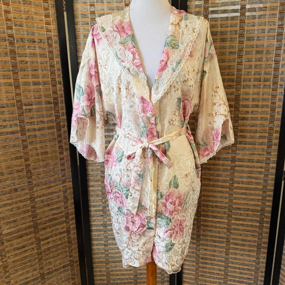 California Dynasty Robe Women Medium Pink Floral 90s Vintage Lace Trim Jacquard